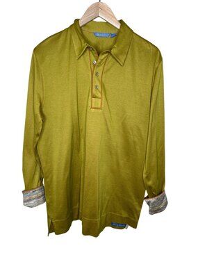 Robert Graham XL Flip Cuff Long Sleeve Collared Henley Shirt Green 100% Cotton
